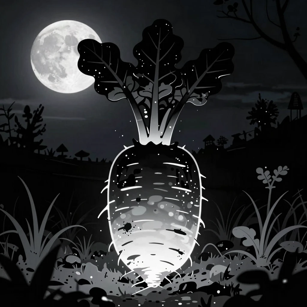 A silhouette of a giant, glowing, mutated turnip in a dark g...