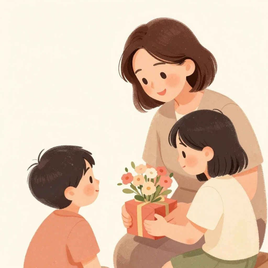 A warm, tender illustration of a mother-in-law and her famil...