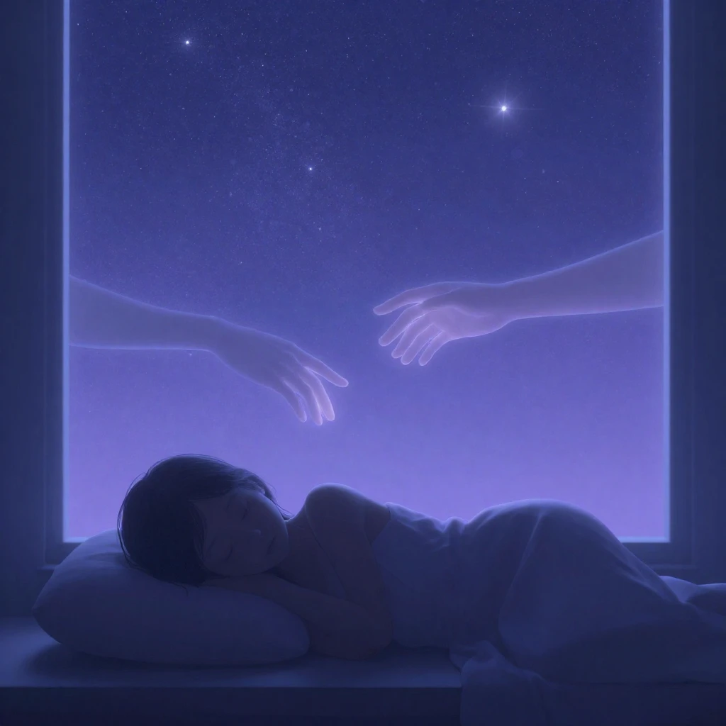 A silhouette of a girl sleeping peacefully by a window, with...