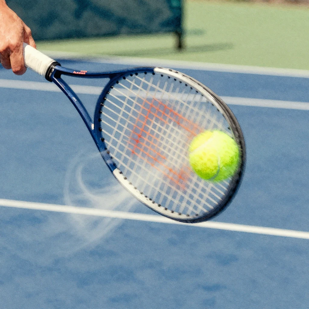 Watercolor style close-up of a tennis racket hitting a ball ...
