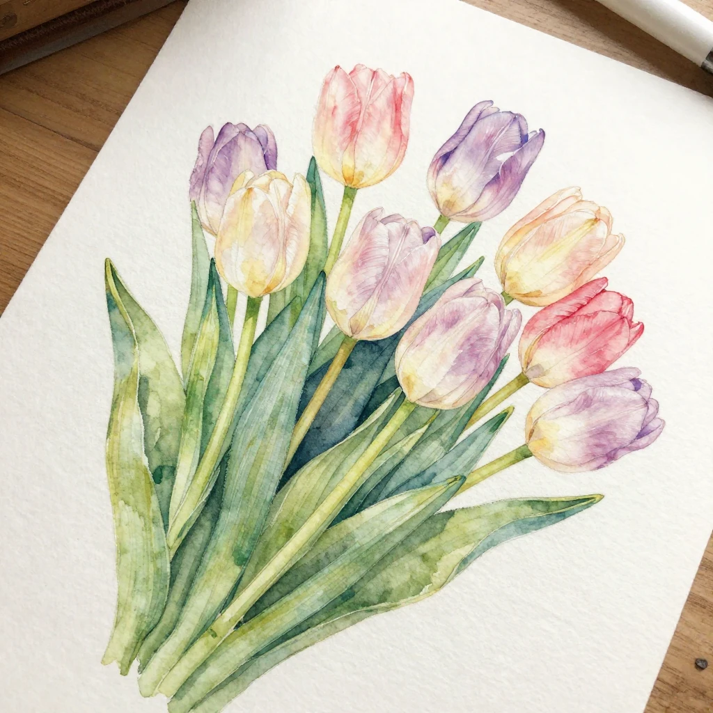 A detailed watercolor painting featuring a bouquet of tulips...