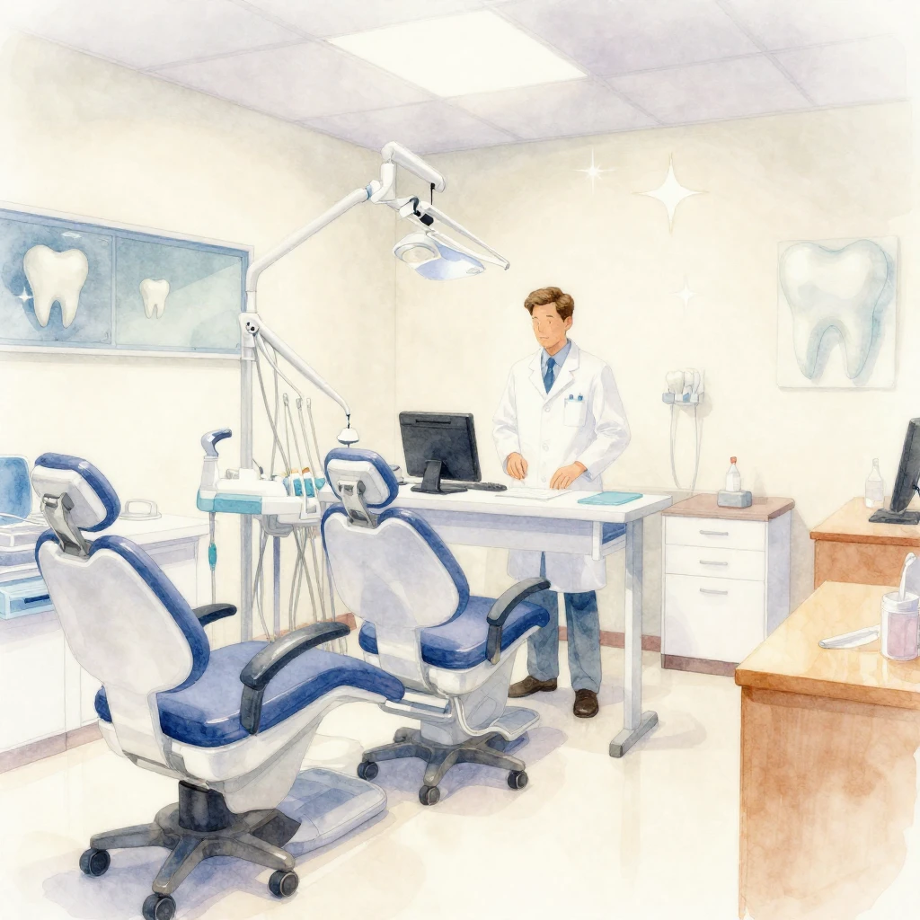A bright, cozy dental office interior, rendered in a vibrant...