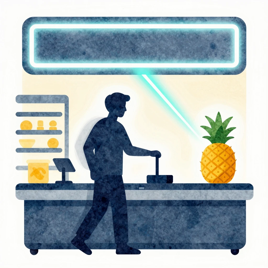 Watercolor style. A silhouette of a person at a grocery stor...