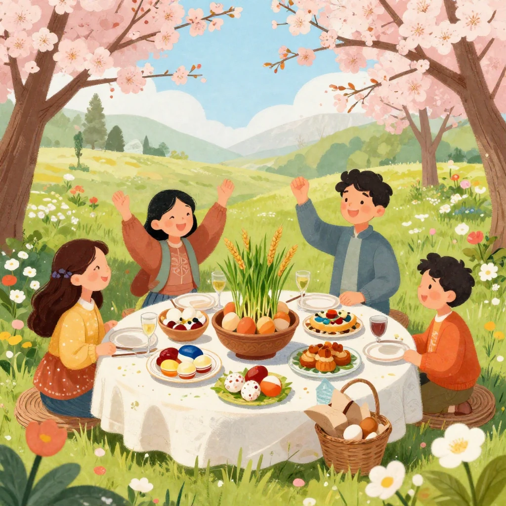 An artistic illustration of a vibrant spring scene with bloo...