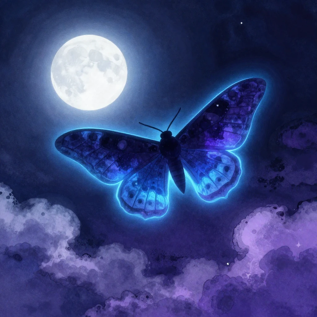 A glowing silhouette of a moth flying under a bright moon in...
