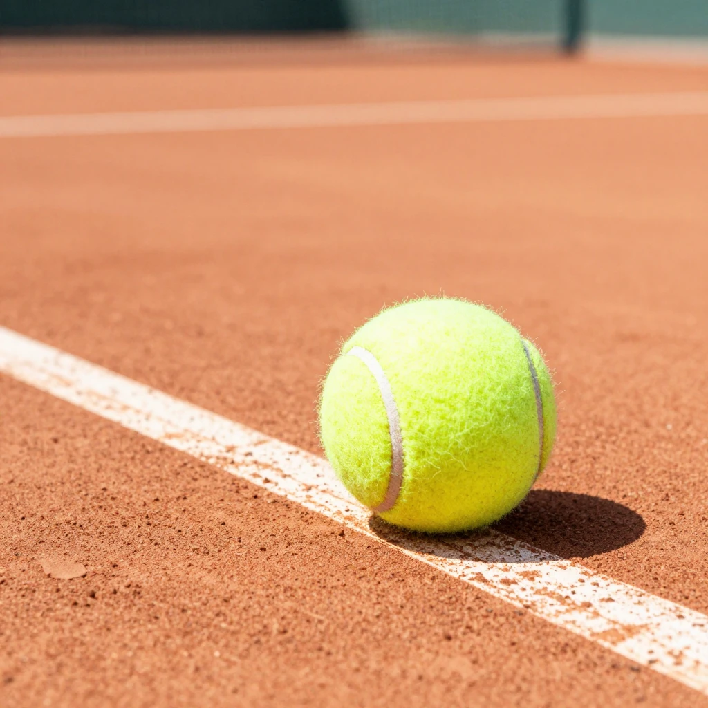 Watercolor style close-up of a tennis ball on a clay court l...