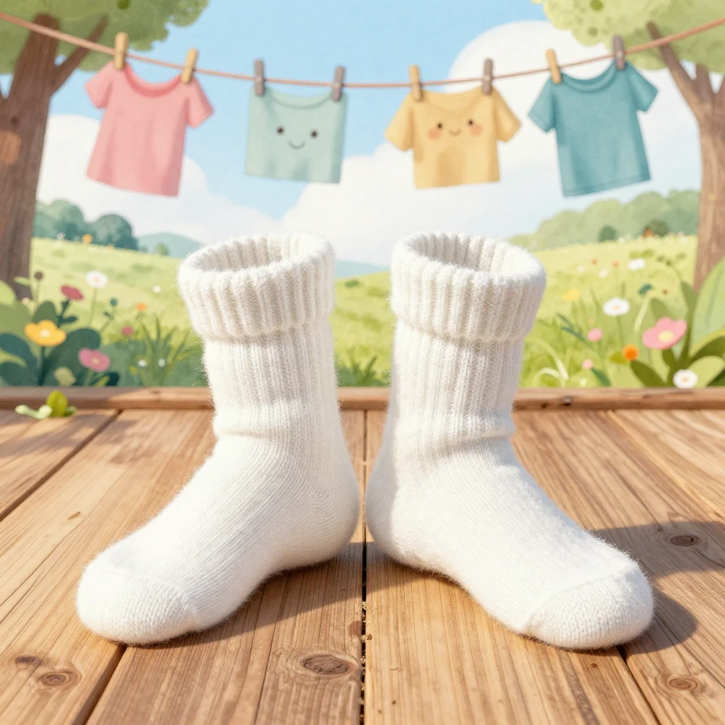 A pair of white, thick, woolly socks prominently featured on...
