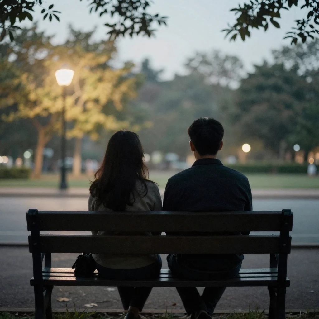 Two silhouettes sitting closely on a park bench, facing away...
