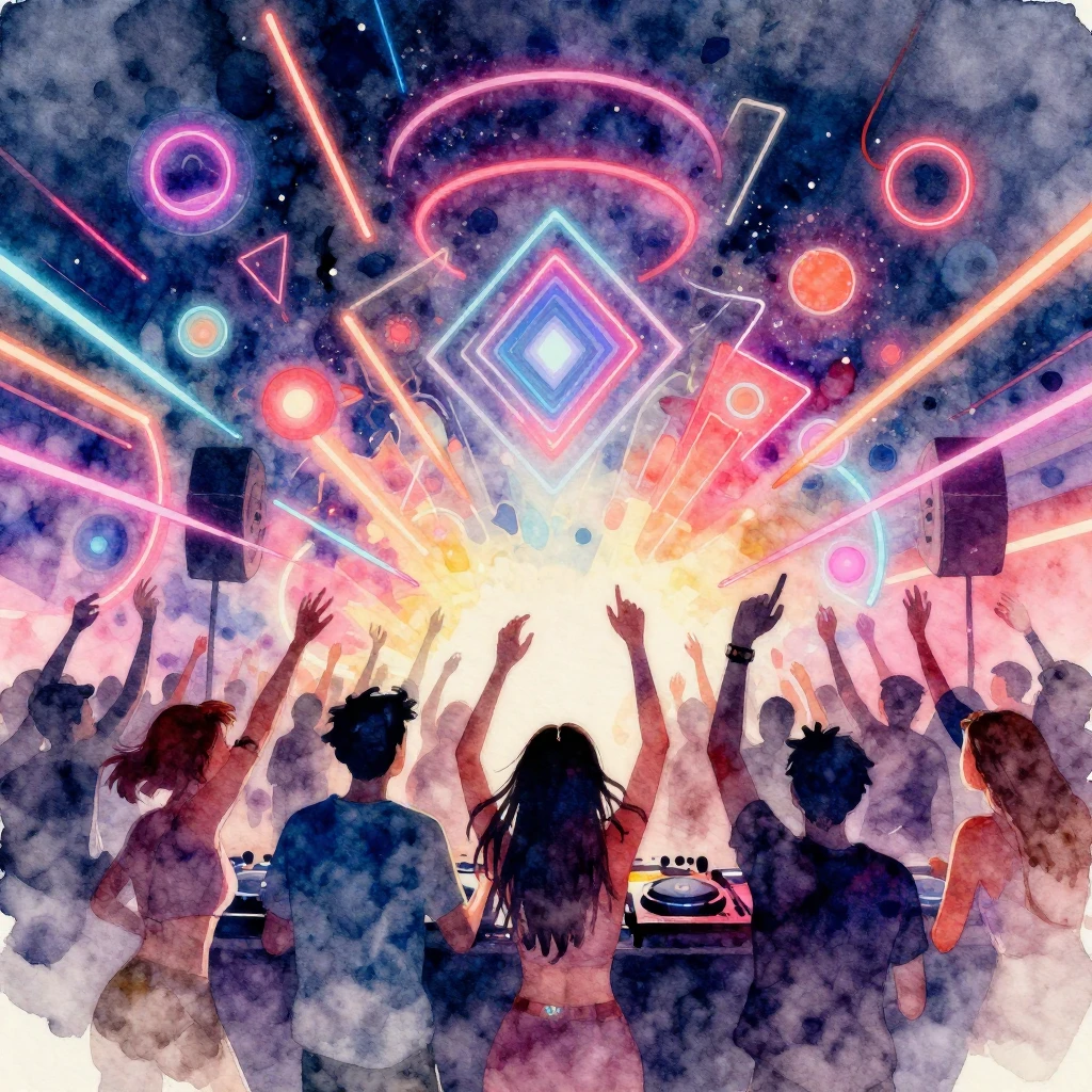 A dynamic, high-energy futuristic rave scene, rendered in a ...