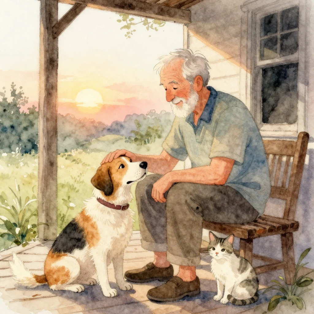 A tender watercolor illustration depicting an elderly man wi...