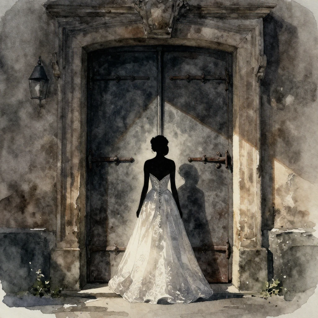 Watercolor style. A heavy iron door closing with dark shadow...