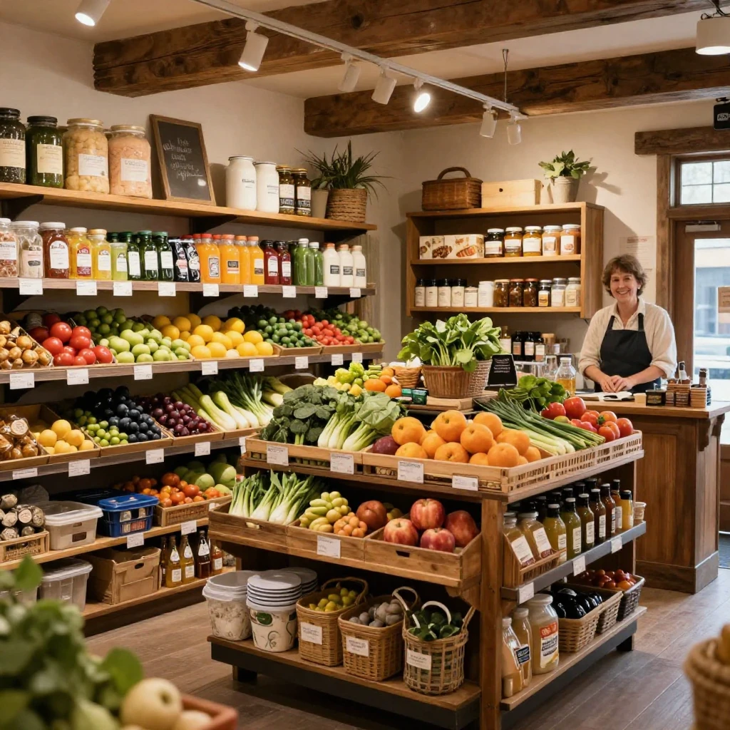 A charming interior of a cozy village grocery store, shelves...