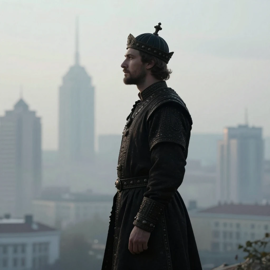 A regal silhouette of an ancient Russian prince, wearing tra...