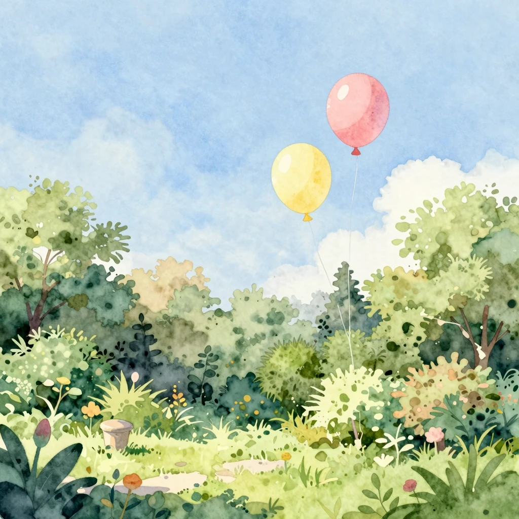 Watercolor art scene of a peaceful garden with colorful ball...