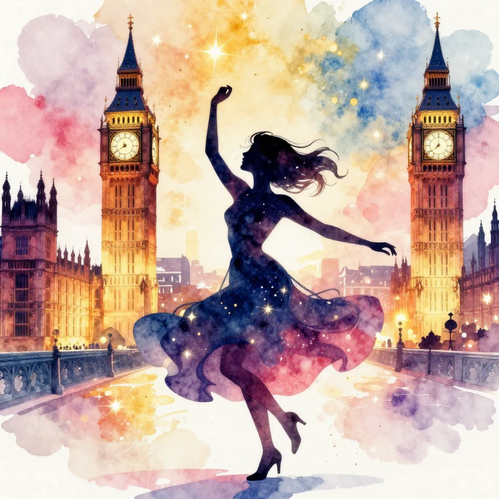 A watercolor illustration of a festive celebration in London...