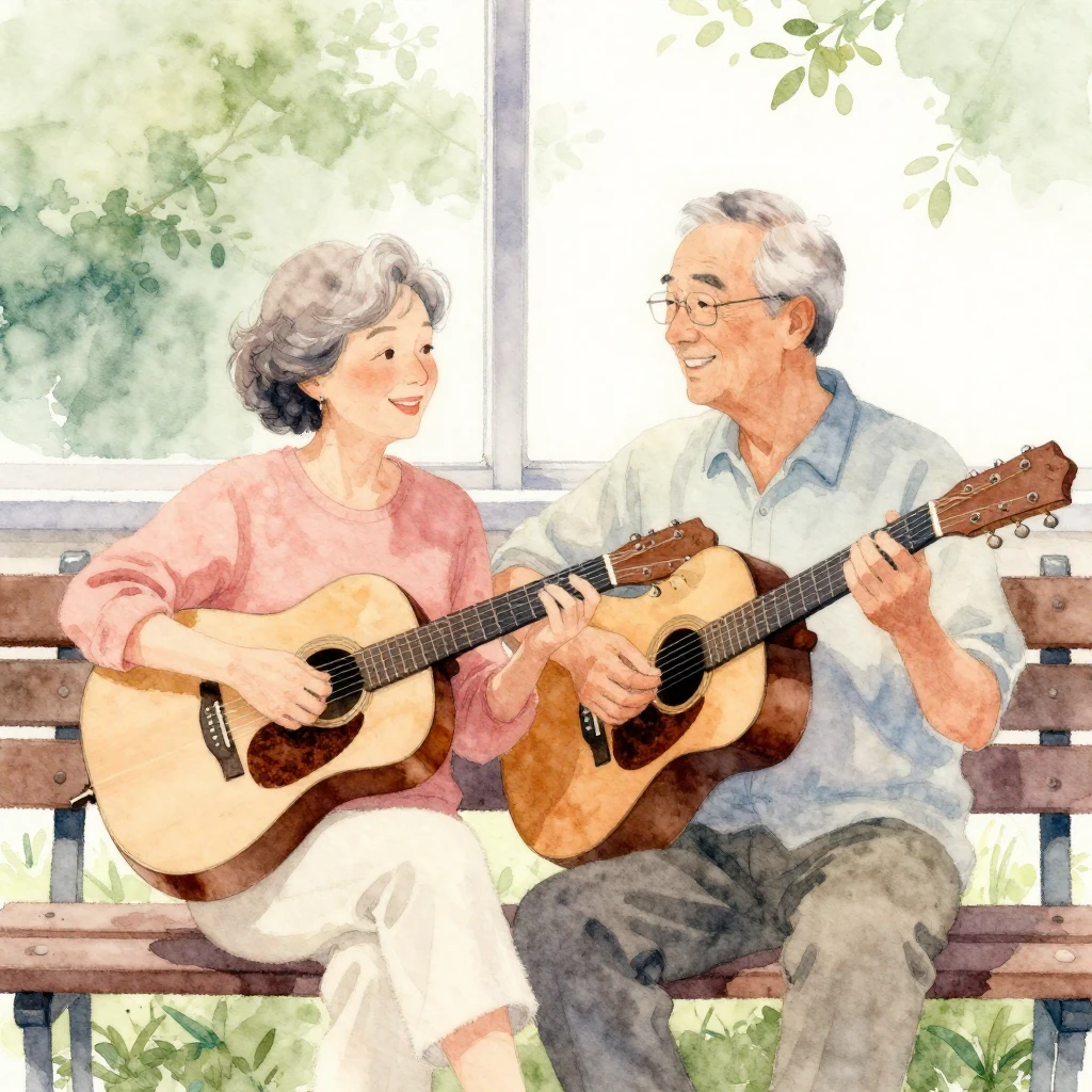 A watercolor painting depicting a serene scene of an older c...