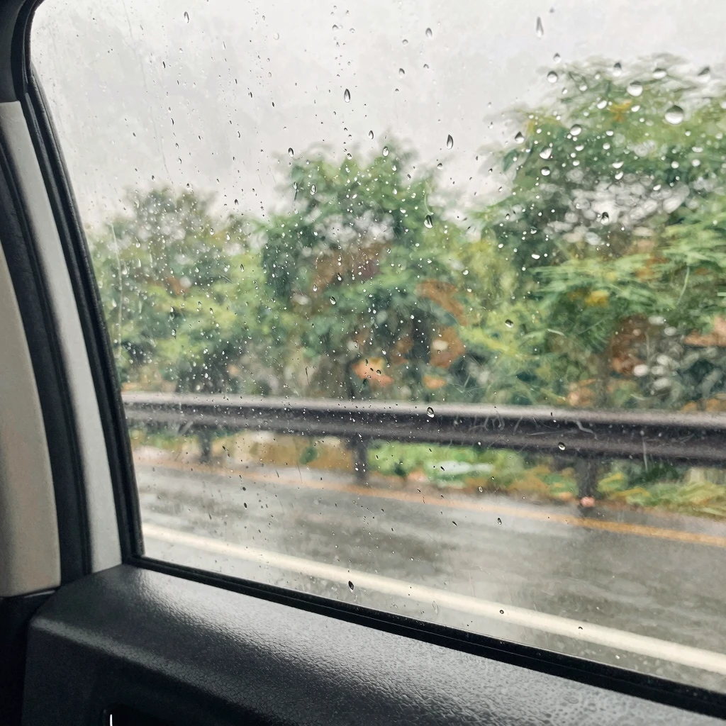 A view from inside a car window on a rainy morning. Raindrop...