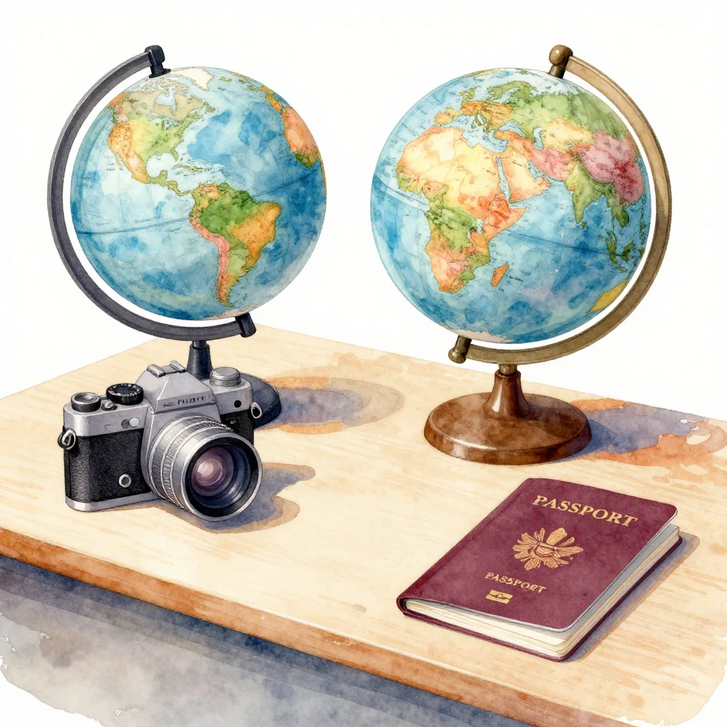 A vibrant watercolor illustration of a neatly arranged desk ...