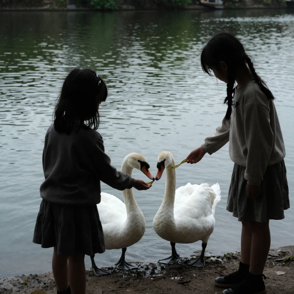 Two young girls, seen in silhouette, gently feeding white sw...