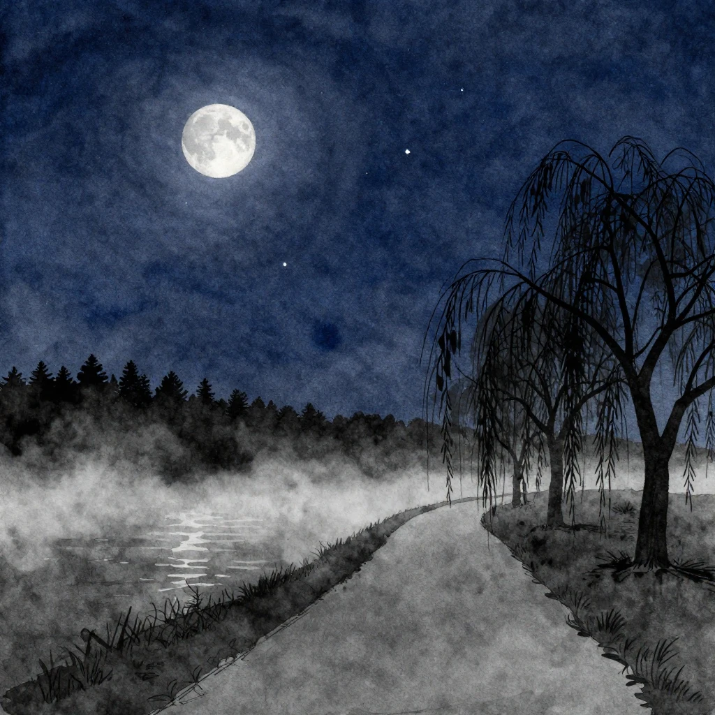Vibrant watercolor style. Monochromatic night landscape, dar...