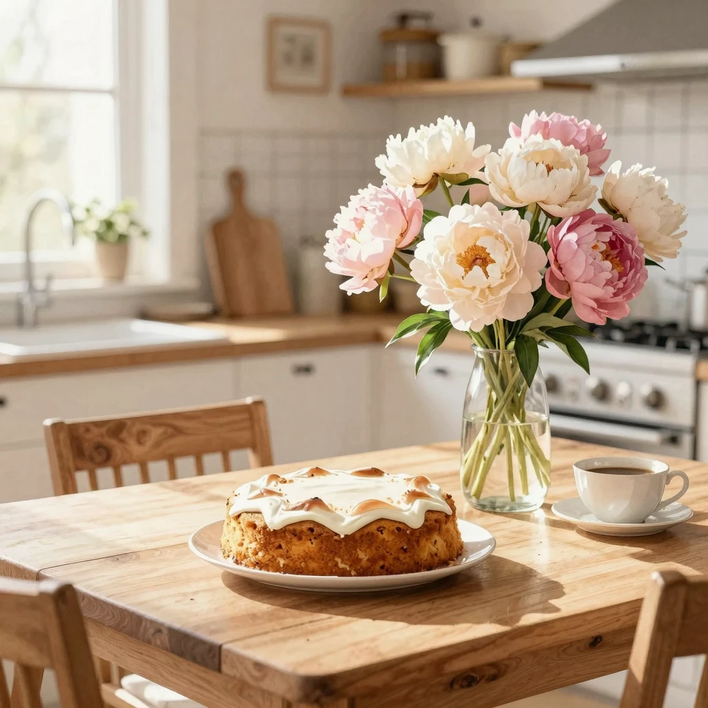 Watercolor style. Cozy kitchen interior with freshly baked c...