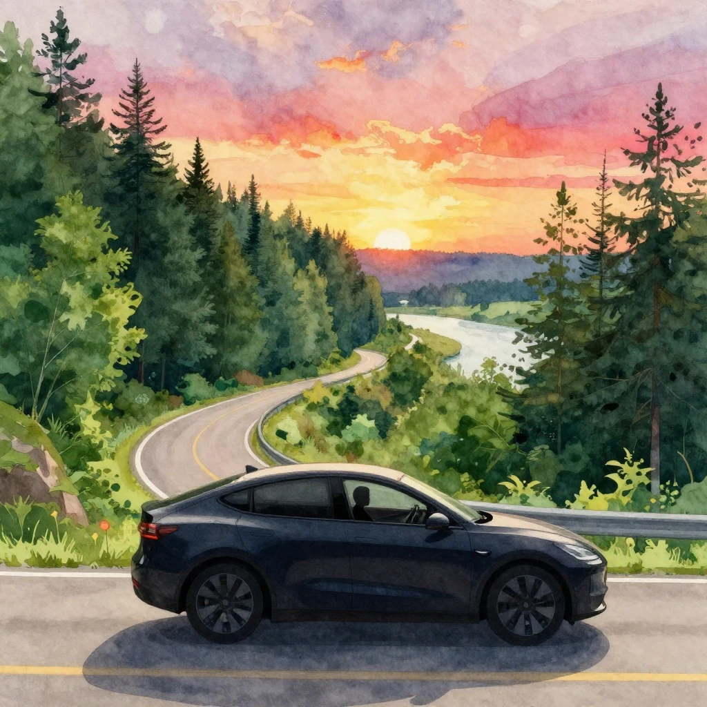 A silhouette of a person driving a modern car on a winding r...