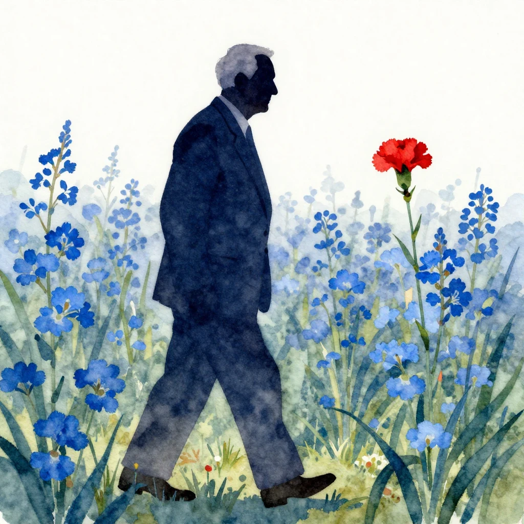A watercolor painting featuring the silhouette of an old man...