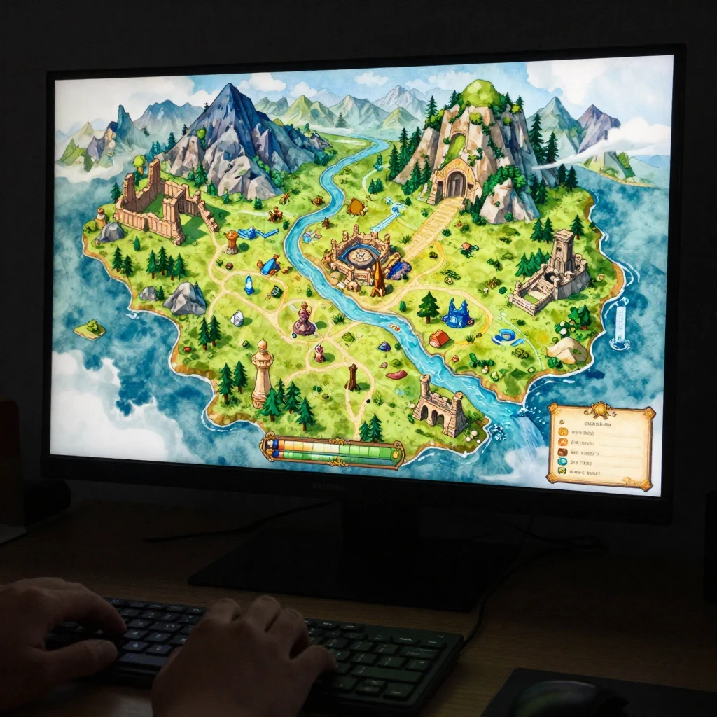 A detailed, colorful fantasy game map displayed on a glowing...