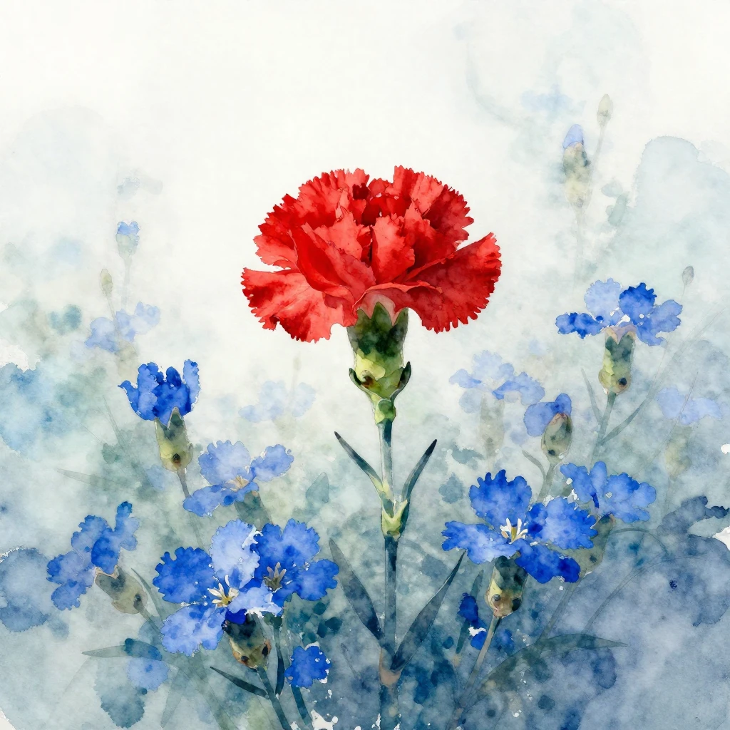 A watercolor painting. A single vibrant red carnation standi...