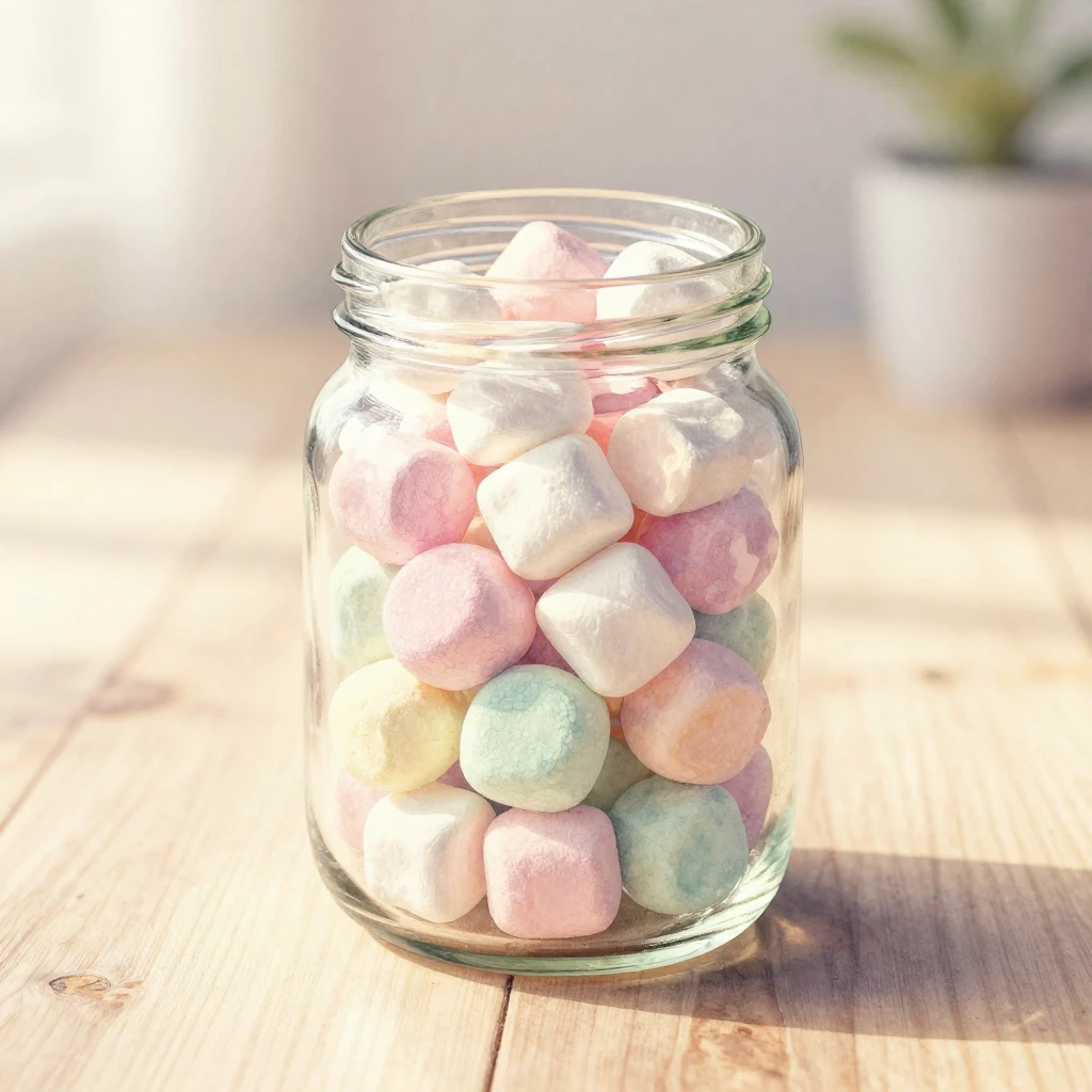 A delicate watercolor painting of a clear glass jar filled w...