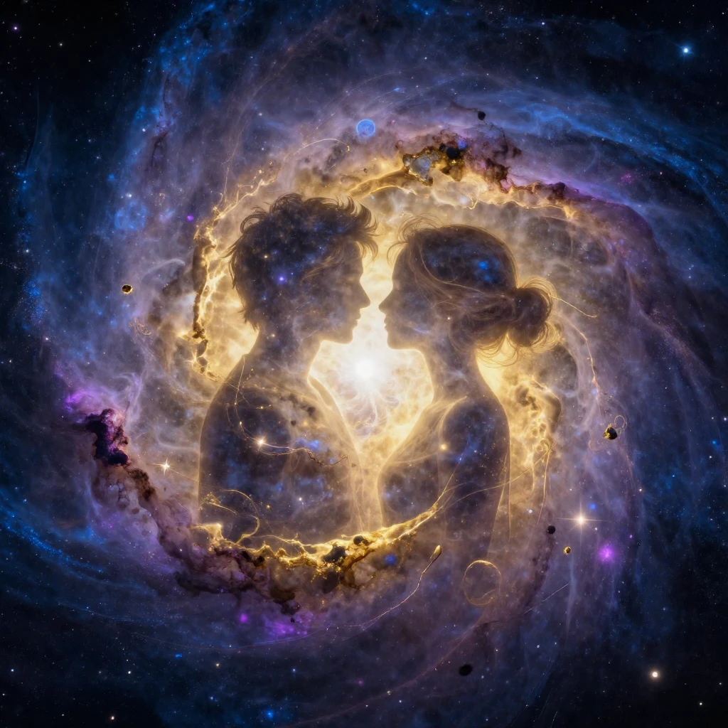 Two intertwined, glowing silhouettes, resembling a supernova...
