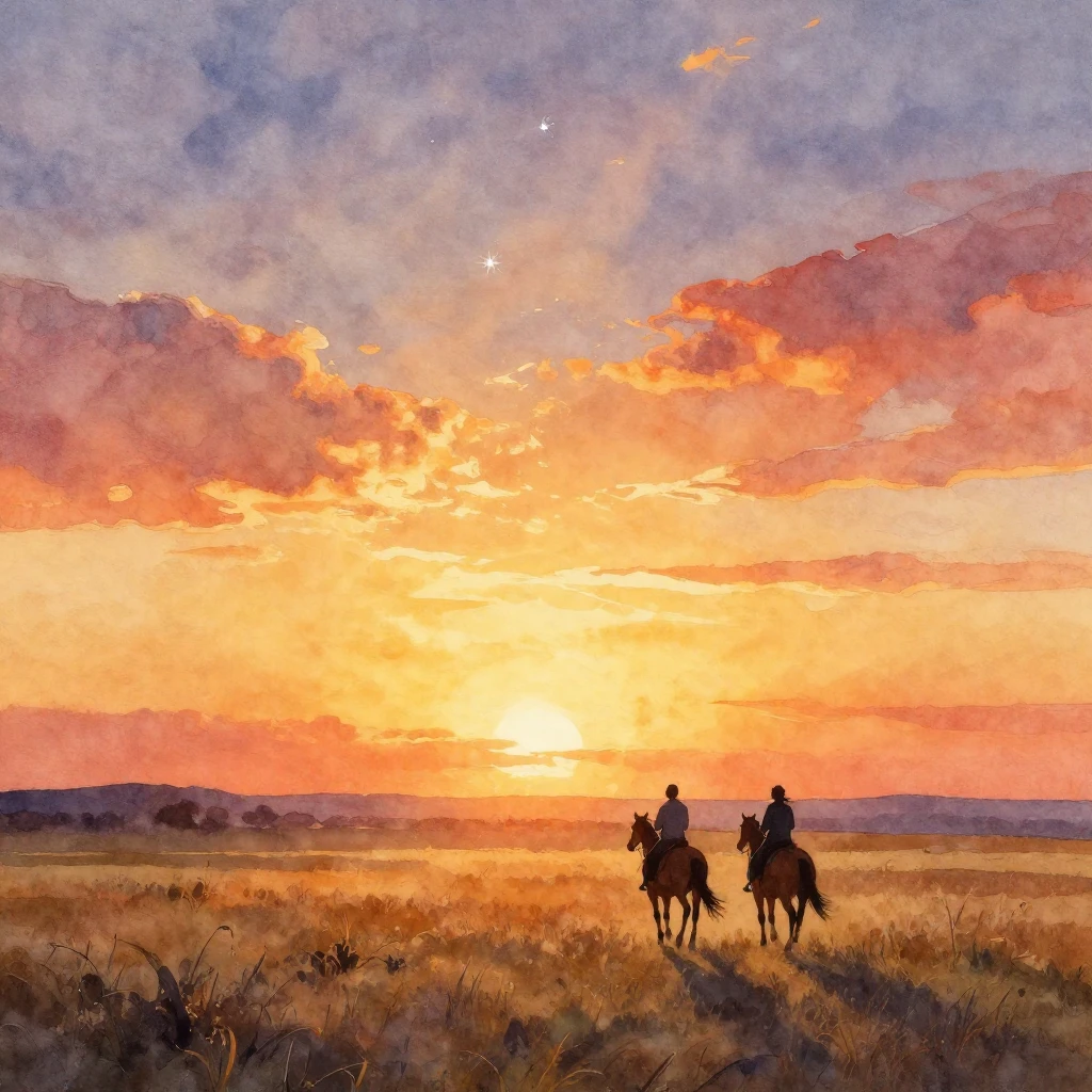 Vibrant watercolor painting of a breathtaking sunset over an...