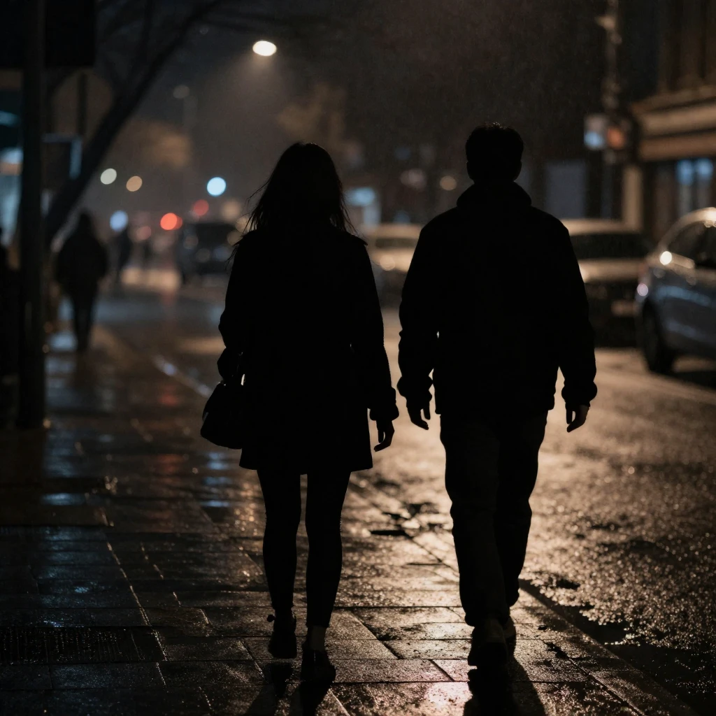 A lone female silhouette stands on a city street at night. A...