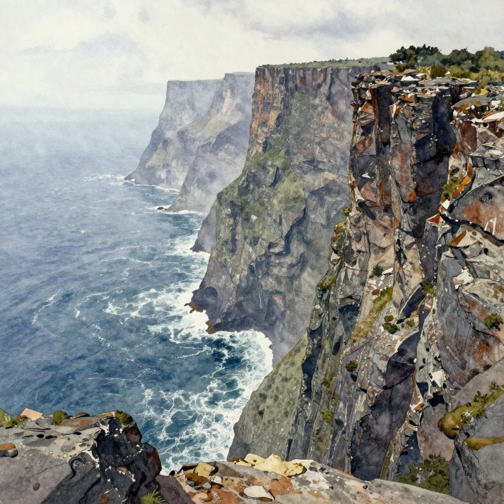 A dramatic watercolor painting of a towering cliff edge, ove...