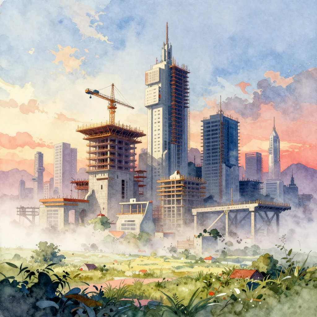 A vibrant watercolor painting of a futuristic city rising fr...