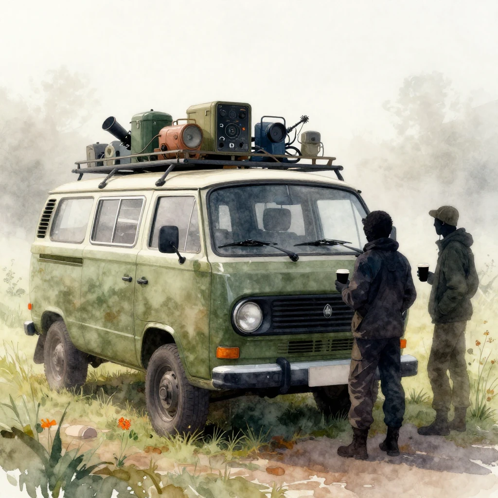 An old, rugged van equipped with vintage electronic warfare ...