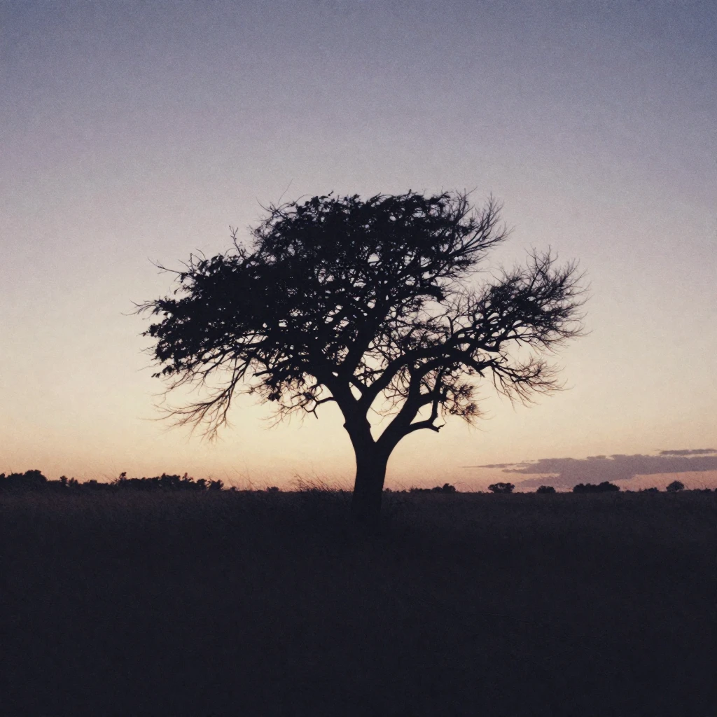 A desolate, windswept field at dusk. A single, gnarled tree ...