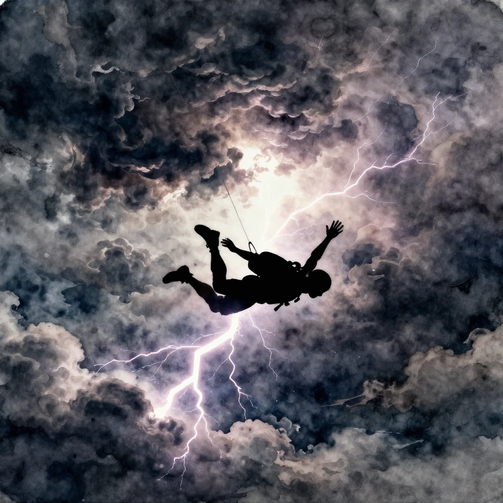 Watercolor style. Silhouette of a skydiver falling through d...