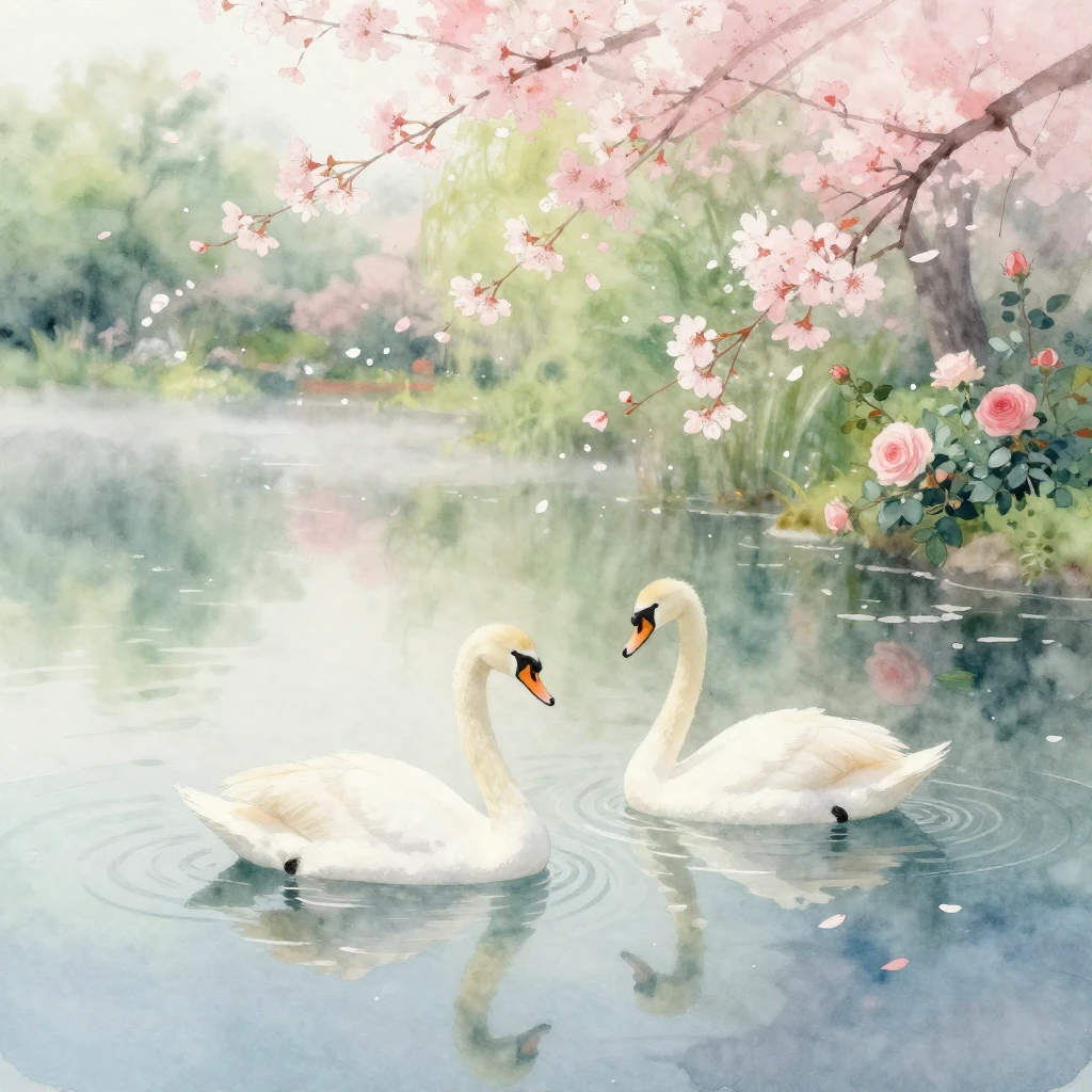 A watercolor painting of a serene, misty lake with soft past...