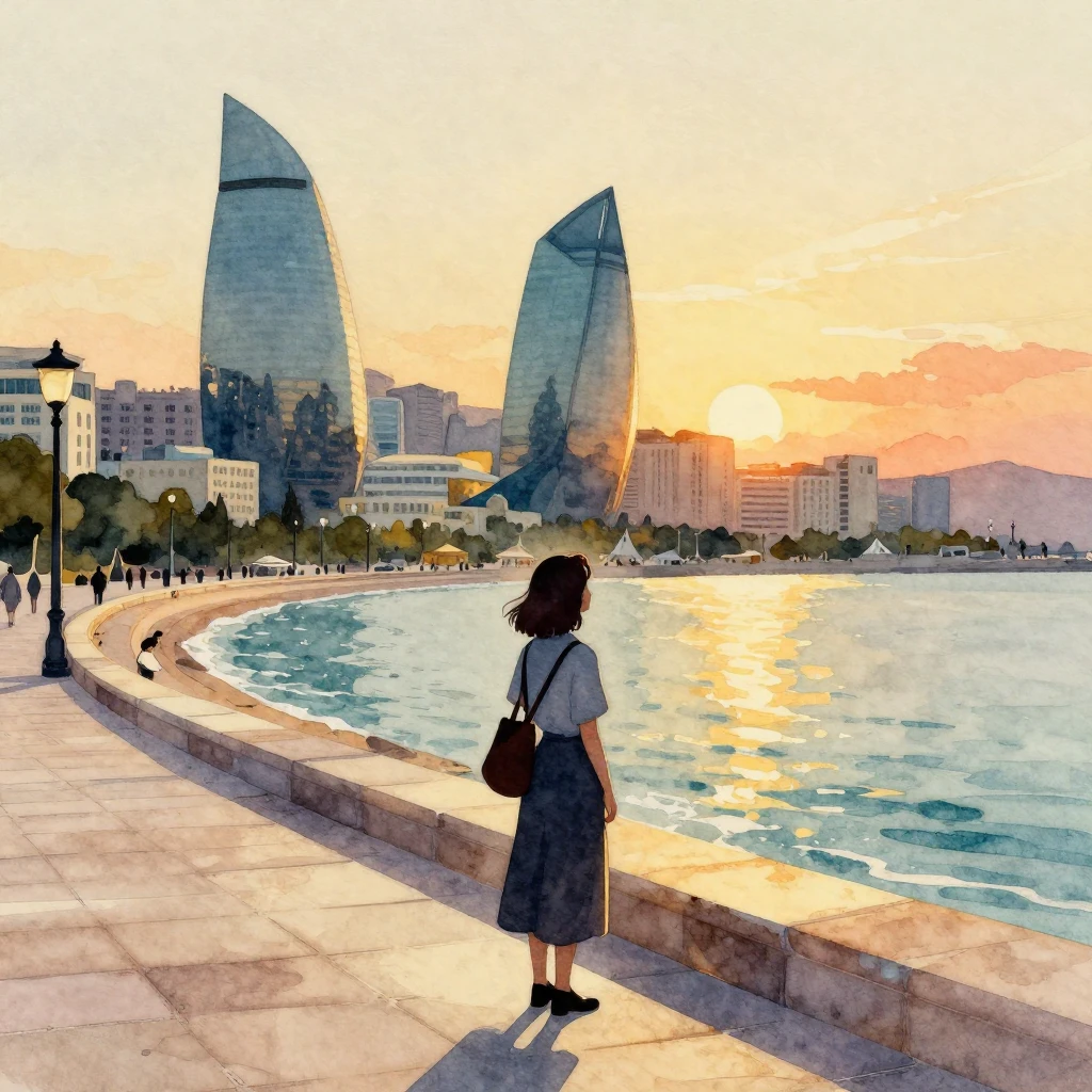 Watercolor painting of Baku seaside boulevard at sunset, wit...