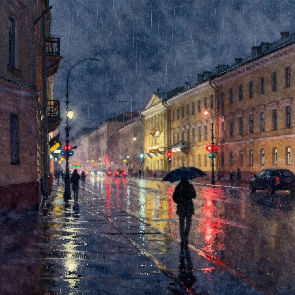 A vibrant watercolor painting portraying a dark and moody ci...