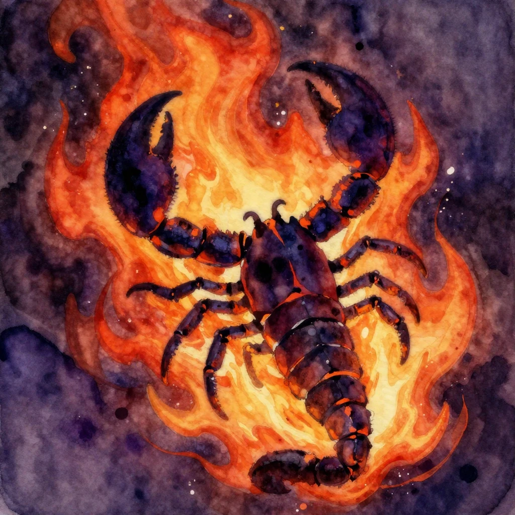 Vibrant watercolor painting depicting the essence of Scorpio...
