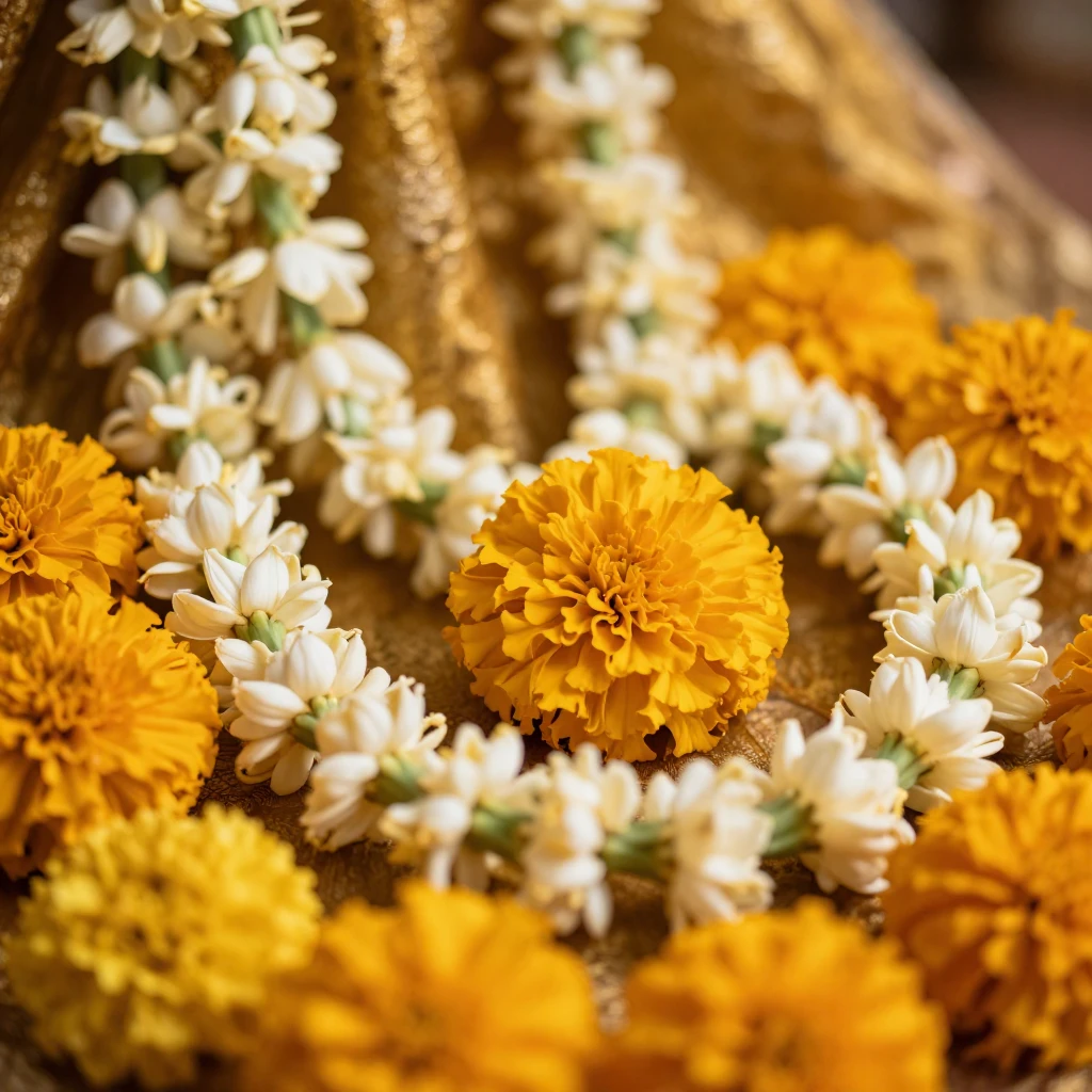 A soft-focus, artistic depiction of vibrant marigold flowers...