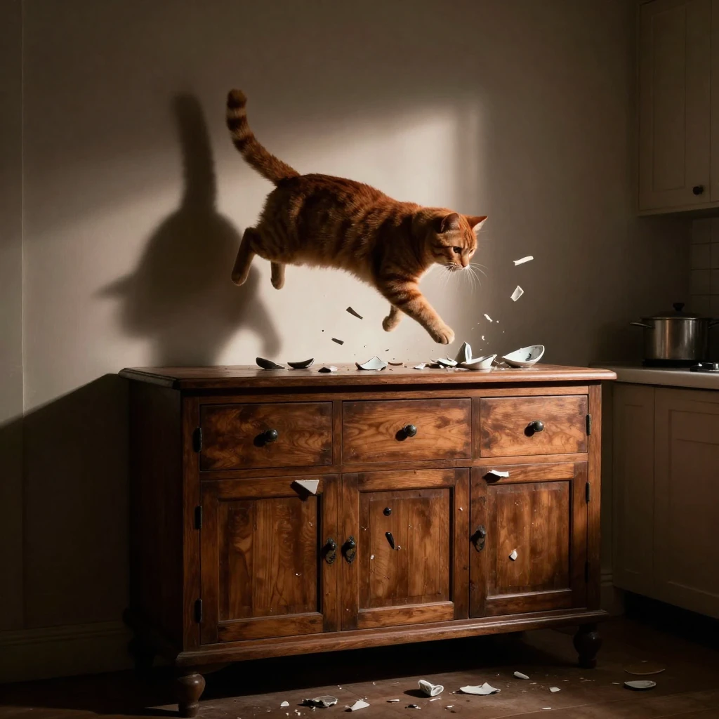 A silhouette of a ginger cat mid-air jumping onto an old woo...