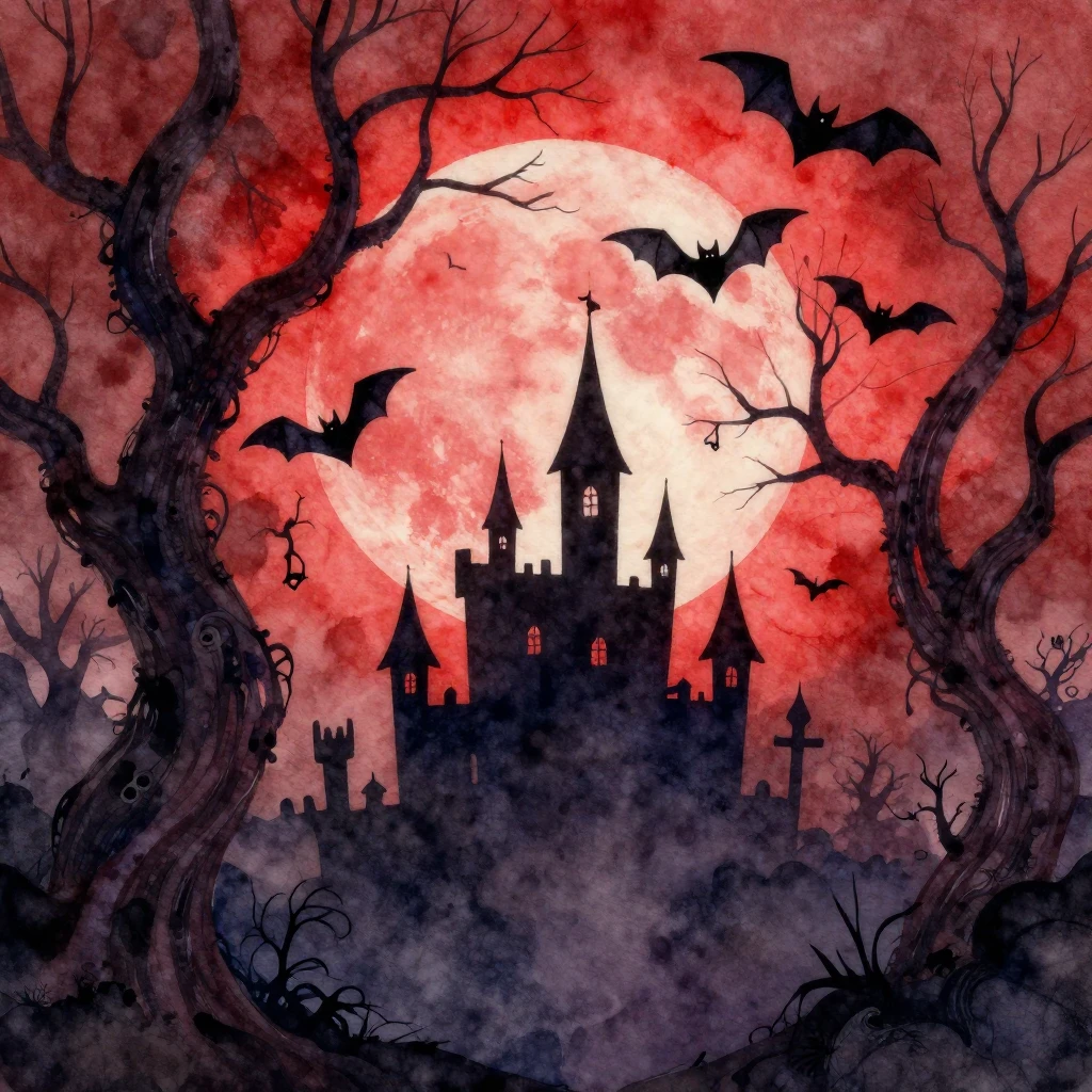 Spooky, twisted trees under a blood-red moon, with bats flyi...