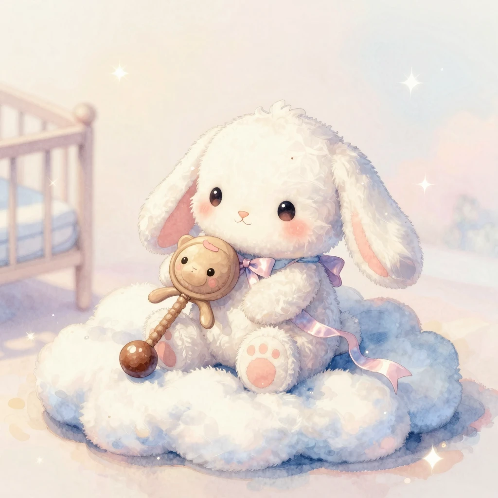 Watercolor style cute plush bunny in nursery with rattle and...