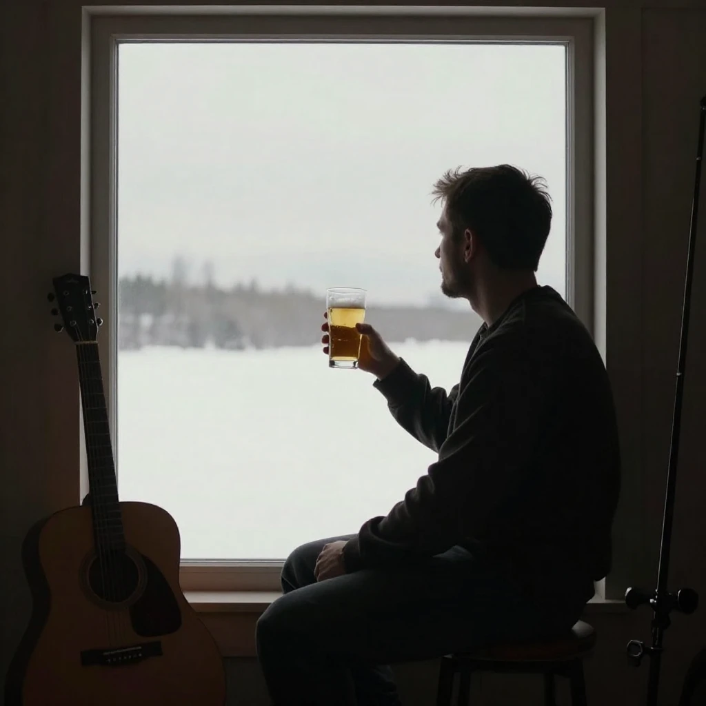 A silhouette of a man sitting by a window, holding a glass o...