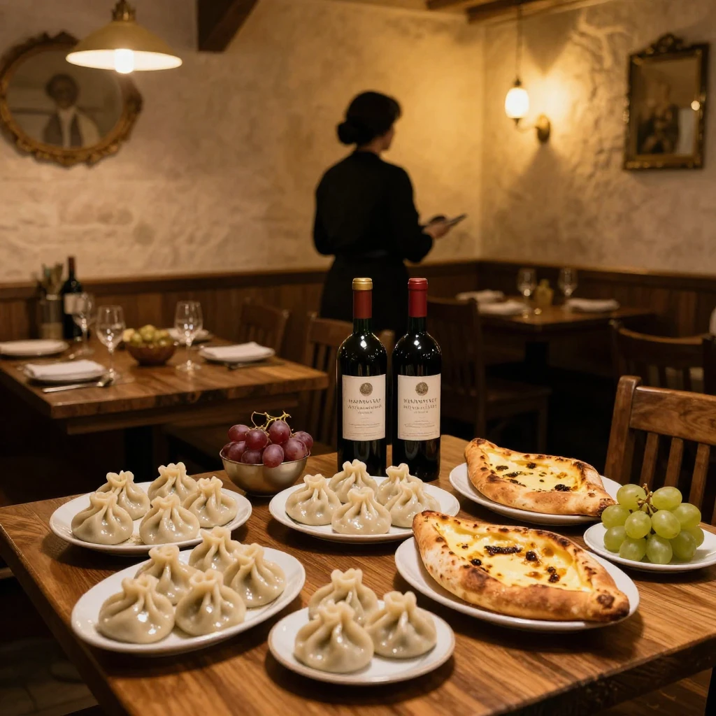 A cozy Georgian restaurant interior, warm lighting, wooden t...