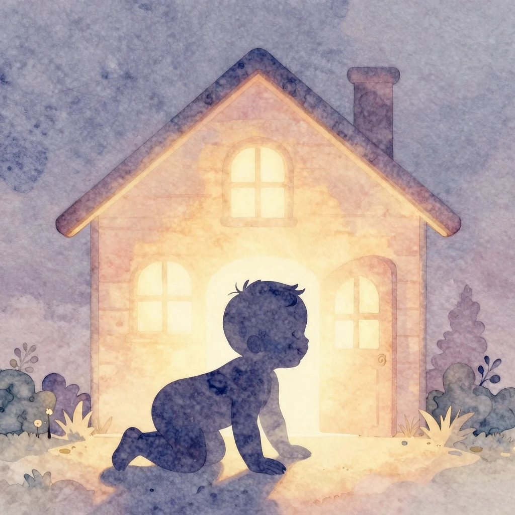 Watercolor style. A silhouette of a happy baby crawling towa...