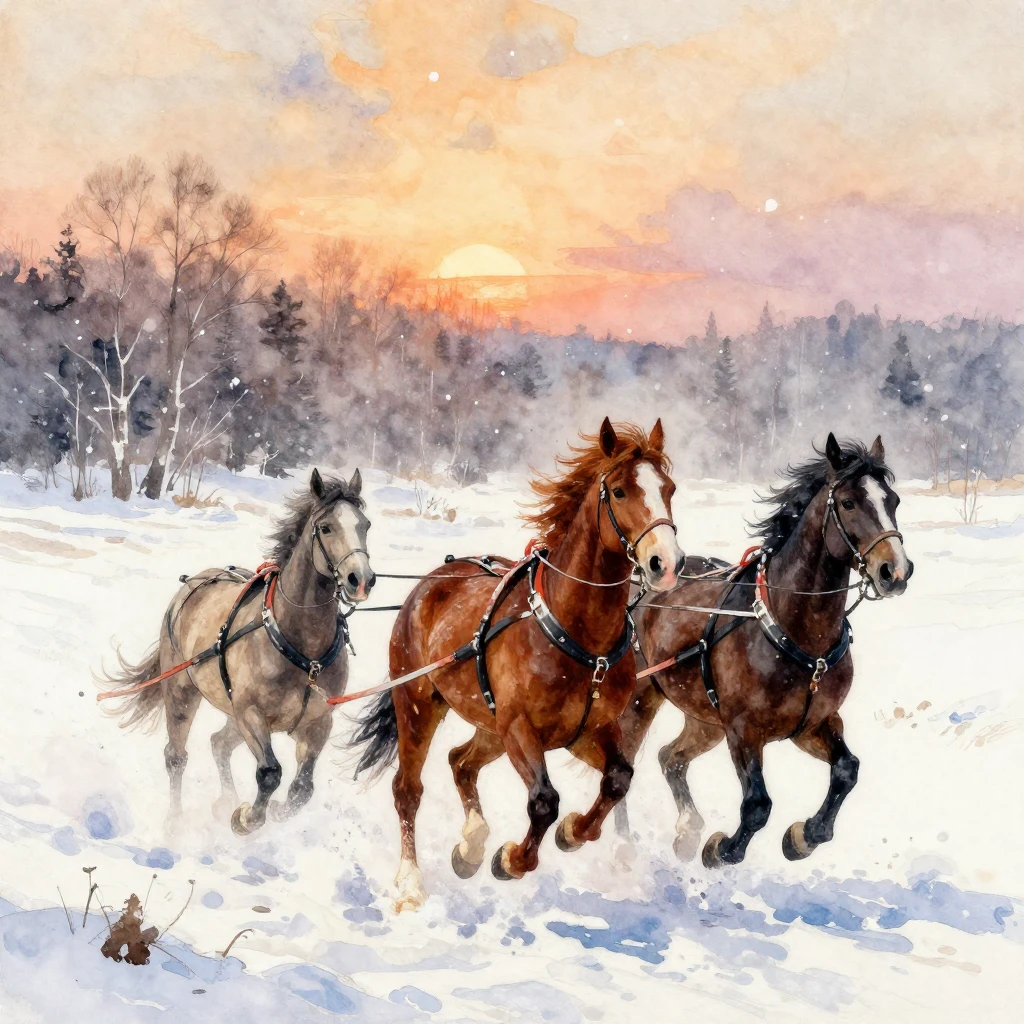 Vibrant watercolor style. A troika of horses galloping throu...